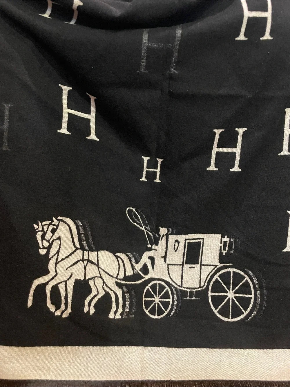 Luxury Black & Cream Soft Scarf with Horse and Carriages Motif